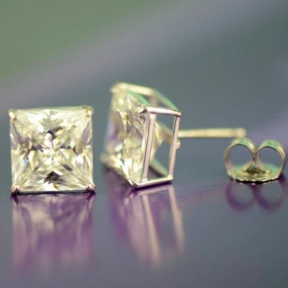 Solid 14k White Gold Princess Cut Clear Basket Push Back Stud Earrings Sz 8x8mm - Picture 7 of 10